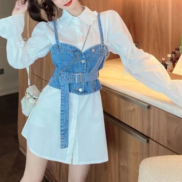 Korean Bow Tie Puff Sleeve Ruffle Blouse + Sashes Slim Demin Vest Women 2piece - Picture 1 of 10